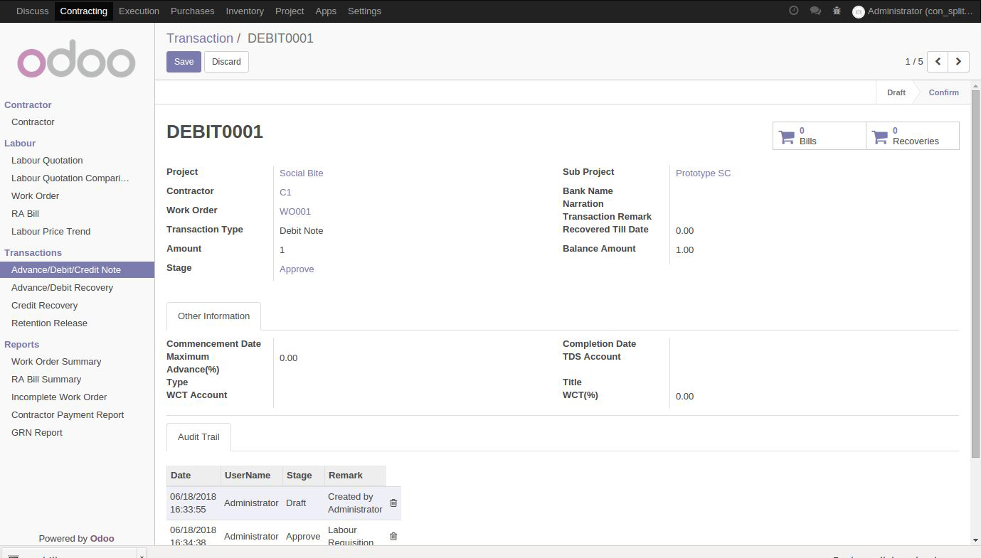 screenshot of odoo constructiom management software